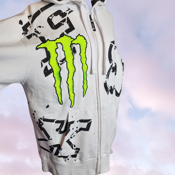 Y2k Rare White Fox Racing Monster Ricky Carmichael Grunge Zip Up Hoodie Sz L - Picture 5 of 8